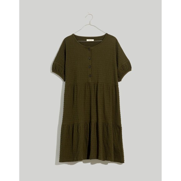 Madewell Mini Dress Medium Green Crinkle Knit Tiered Puff Sleeves Buttons NEW‎ - Picture 5 of 10